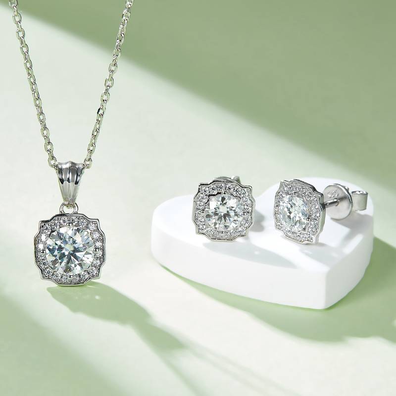 Fashion海瑞S925银镀白金MoissanitePendantStud Earring套装